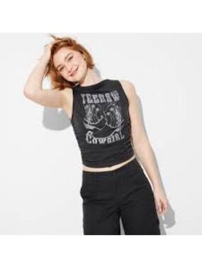 Wild Fable Women's Ruched Graphic Yeehaw Cowgirl Tank Top Hematite Small